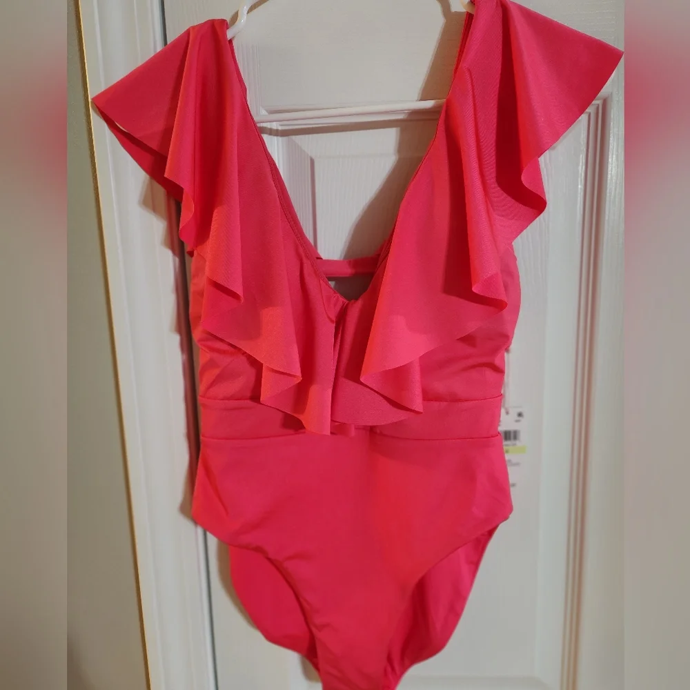 Trina Turk Women's Ruffle-Trim Plunge One-Piece Swimsuit Pink NWT - Picture 4 of 8